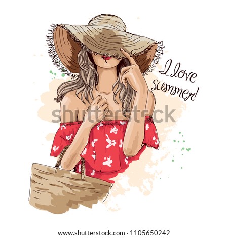 Portrait of fashionable woman in hat with beach bag. Beautiful young woman in summer clothes covers her face with a hat. Stylish girl in a hat. Hand drawn sketch. Vector illustration of fashion. Royalty-Free Stock Photo #1105650242
