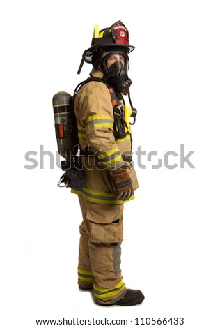 Firefighter with mask and airpack fully protective suit on isolated white background