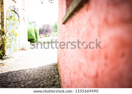 Pink Wall and outbuildings with beautiful wrought iron gate historic buildings garden