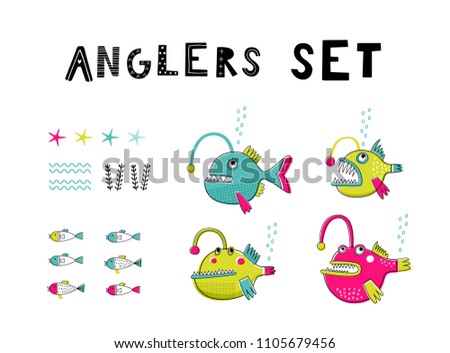 Set of anglers. Hand drawn graphic elements for poster, card, label, flyer, page, banner, baby wear, nursery.  Scandinavian style. Pink, blue and green. Vector illustration