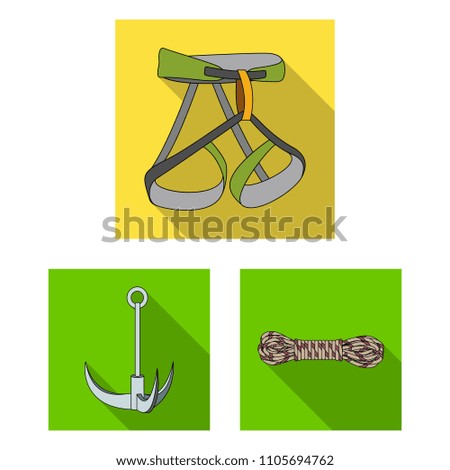 Mountaineering and climbing flat icons in set collection for design. Equipment and accessories vector symbol stock web illustration.