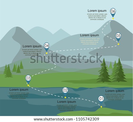 Tourism route infographic. Layers of mountain landscape with fir forest and river. Vector illustration Royalty-Free Stock Photo #1105742309
