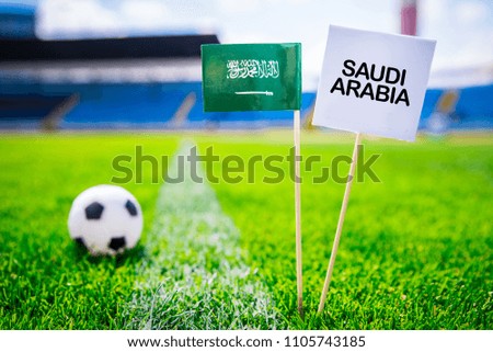 National falg of Saudi arabia on football green grass, Table with title "Saudi Arabia". 