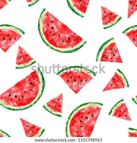 Seamless pattern with slices of watermelon on white background. Summer concept. Vector watercolor. Top view
