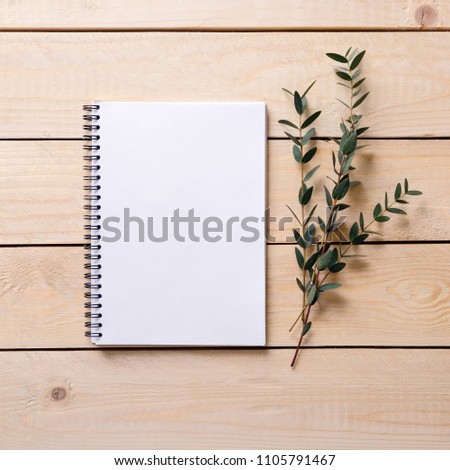 Blank notepad on a wooden surface. Empty notebook open on the table. Eucalyptus, gum tree. Top view.