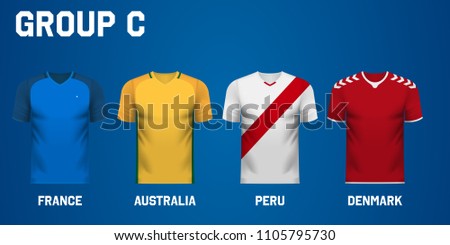 Set of national team jersey shirts for group C in a football tournament