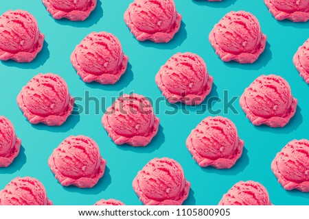 Pink strawberry ice cream pattern on pastel blue background. Summer minimalism. Isometric flat lay. Royalty-Free Stock Photo #1105800905