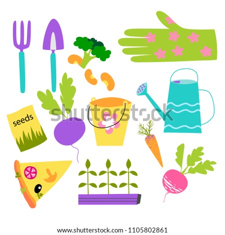 Spring icons set, flat style. Gardening cute collection of design elements, isolated on white background. Nature clip art. Vector illustration