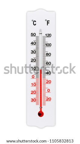Thermometer for measuring air temperature isolated on white background. The thermometer shows plus 11 degrees celsius Royalty-Free Stock Photo #1105832813