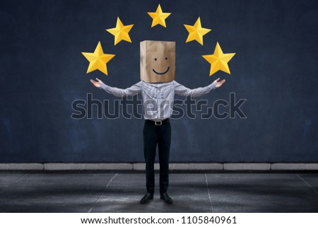 Customer Experience Concept, Happy Businessman Client with Smiling Face Emotion on Paper Bag, Raising Hands to Giving Five Star Rating