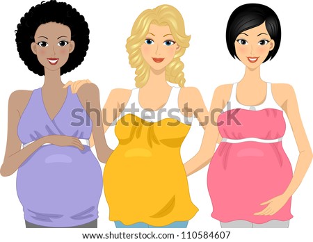 Illustration of a Caucasian, African-American, and Asian Pregnant Women Hanging Out Together