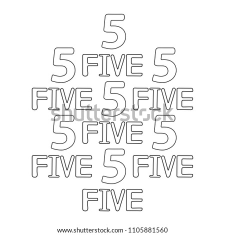 Numeral and word five. Coloring page. Vector illustration
