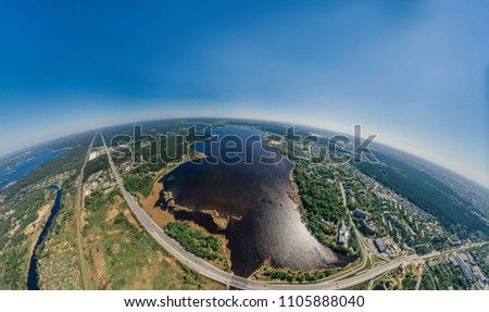 Summer Lake and roads in Riga city and Latvia nature 360 VR Drone picture for Virtual reality, Panorama