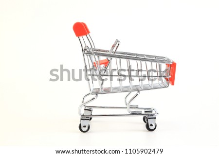 Closeup photo of trolley or pushcart or shopping cart in online marketing, isolated on white background. Object concept.