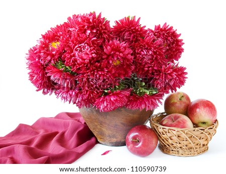 Summer still life with purple asters bunch and apples in basket isolated on white background