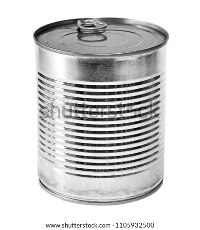 Metal lit or aluminum can, isolated on white background. Closed metal can, silver lit, conserved food.