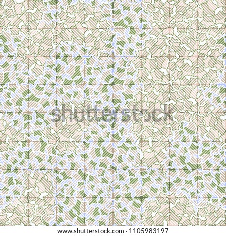 Abstract pattern made of five-pointed stars. Camouflage texture. Multicolored background. Above the drawing there is a network consisting of striped squares
