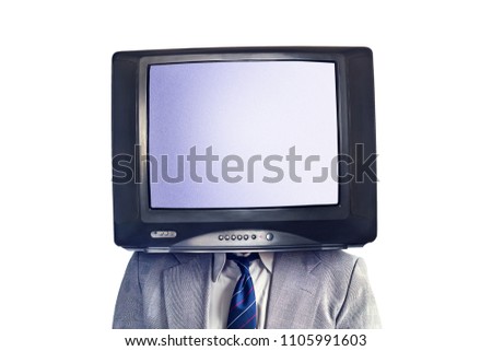 Man with a TV instead of a head isolated on a white background. Place for text. Multimedia Social networks concept. Copy space.