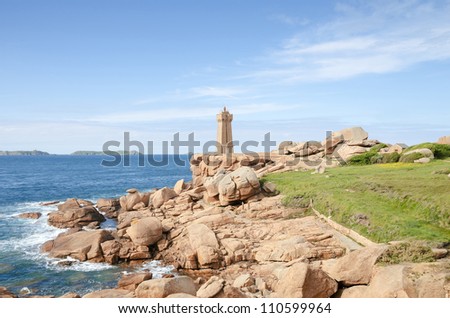 Beautiful Lighthouse. Beautiful Mean Ruz Lighthouse, pink granite coast at Brittany, France