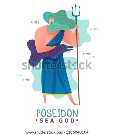 Ancient greek sea god poseidon with trident and underwater creature surrounded by fishes flat vector illustration  