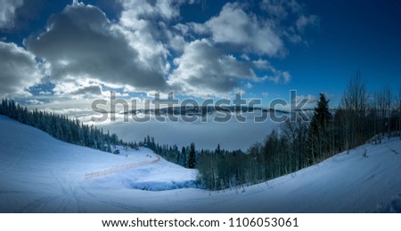 Skislope in Aurdal, Norway winter landscape view over mountains. High resolution, 55 megapixels. Royalty-Free Stock Photo #1106053061
