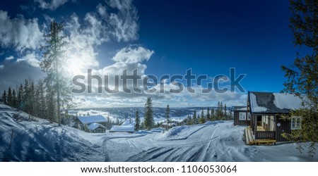 Sunny winter house area in Norway landscape beatiful view. High resolution, 84 megapixels. Royalty-Free Stock Photo #1106053064