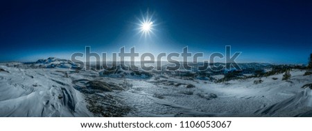 Sunny winter landscape panorama in Norway view over mountain range. High resolution, 72 megapixels. Royalty-Free Stock Photo #1106053067