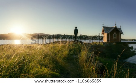 Bjerkøya. Boy looking at the beatiful sunset from an island in summer. High resolution, 25 megapixels. Royalty-Free Stock Photo #1106065859