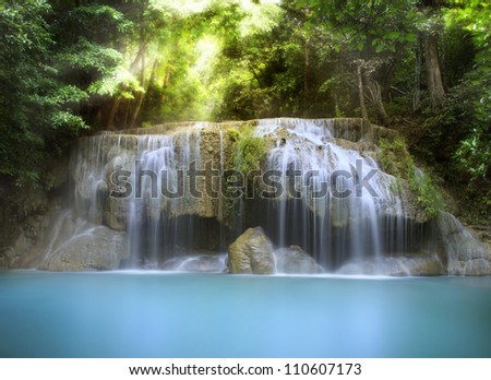  First level of Erawan Waterfall in Kanchanaburi Province, Thailand