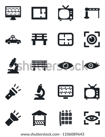 Set of vector isolated black icon - barrier vector, tv, alarm car, seat map, bench, monitor pulse, microscope, eye, torch, plan, alcove, scan