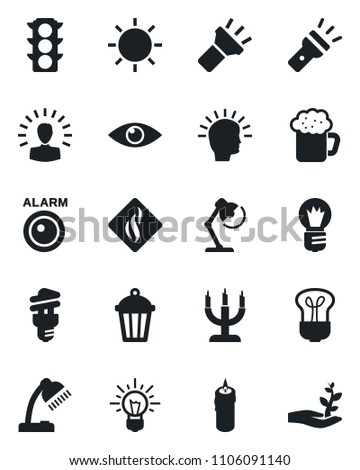 Set of vector isolated black icon - bulb vector, sun, garden light, eye, traffic, torch, desk lamp, beer, candle, smoke detector, energy saving, alarm led, shining head, idea, palm sproute