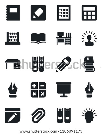 Set of vector isolated black icon - book vector, calculator, abacus, desk, notes, copybook, presentation board, paper clip, ink pen, pencil, shining head