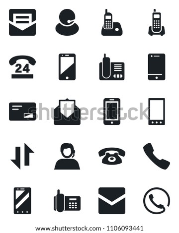 Set of vector isolated black icon - mobile phone vector, office, 24 hours, support, cell, radio, mail, call, data exchange