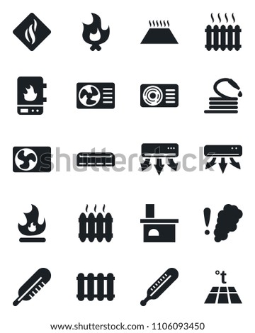 Set of vector isolated black icon - fire vector, hose, fireplace, thermometer, heater, air conditioner, water, smoke detector, radiator, warm floor