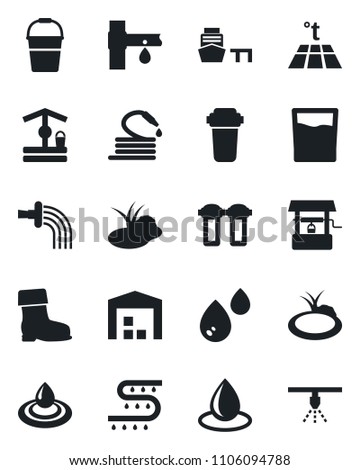 Set of vector isolated black icon - bucket vector, watering, boot, water drop, well, hose, pond, drip irrigation, sea port, warehouse, drink, filter, warm floor, sprinkler