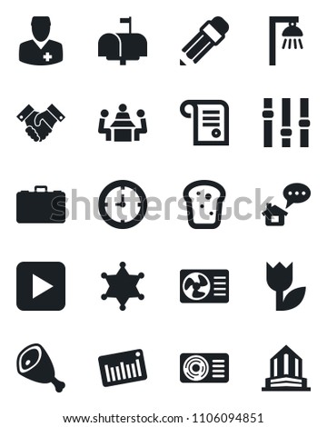 Set of vector isolated black icon - case vector, doctor, clock, tulip, barcode, settings, play button, meeting, pencil, handshake, air conditioner, mailbox, bread, ham, outdoor lamp, police