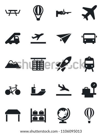 Set of vector isolated black icon - plane vector, departure, arrival, airport bus, train, globe, ladder car, boarding, flight table, luggage storage, scales, picnic, bike, sea shipping, mountains