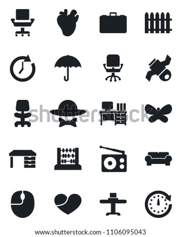 Set of vector isolated black icon - office chair vector, case, abacus, mouse, desk, fence, butterfly, real heart, satellite, umbrella, radio, cushioned furniture, restaurant table, dress code, clock
