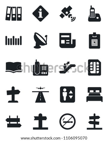 Set of vector isolated black icon - runway vector, elevator, escalator, no smoking, signpost, book, barcode, satellite antenna, radio phone, sim, news, identity card, paper binder, bedroom