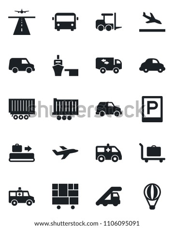 Set of vector isolated black icon - runway vector, arrival, baggage conveyor, trolley, airport bus, parking, fork loader, ladder car, ambulance, plane, truck trailer, delivery, sea port, moving