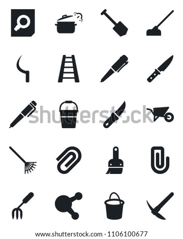 Set of vector isolated black icon - document search vector, pen, job, garden fork, rake, ladder, wheelbarrow, bucket, hoe, sickle, knife, share, themes, paper clip, steaming pan, hard work