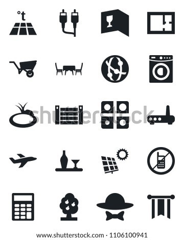 Set of vector isolated black icon - no mobile vector, wheelbarrow, pond, plane, container, network, rca, application, calculator, sun panel, fruit tree, plan, washer, alcohol, wine card, cafe table