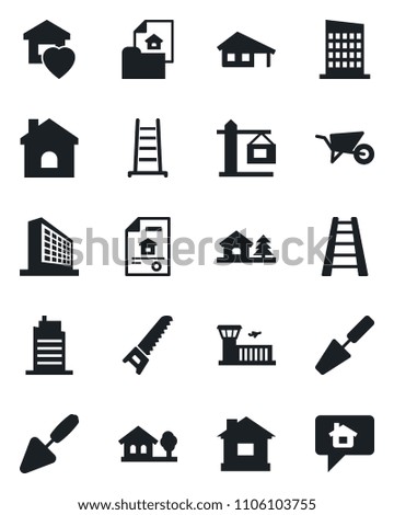Set of vector isolated black icon - airport building vector, office, trowel, ladder, wheelbarrow, saw, house, with garage, tree, estate document, sweet home, city, crane, message