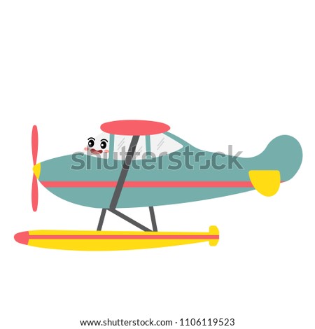 Seaplane transportation cartoon character side view isolated on white background vector illustration.