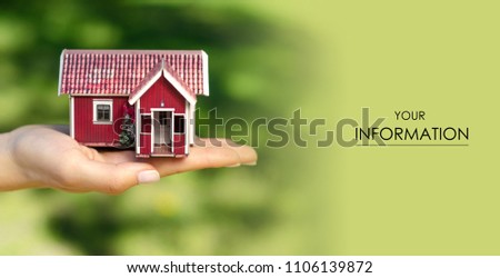 Small house in hand sun leaves plant green nature pattern on blurred background