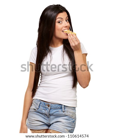 Woman Eating A Cereal Bar On White Background
