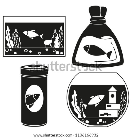 Black and white fish elements silhouette set. Simple supplies for domestic animal. Pet care themed vector illustration for icon, sticker, patch, label, badge, certificate or gift card decoration