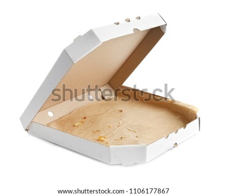 Open cardboard pizza box on white background Royalty-Free Stock Photo #1106177867