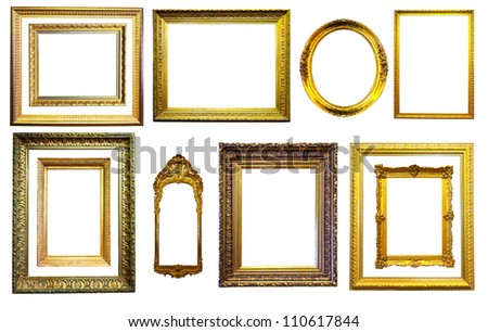Set of few gold picture frames. Isolated over white background with clipping path