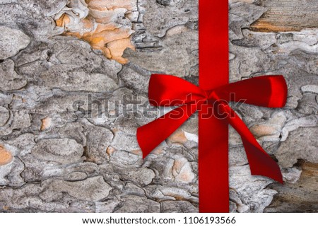 Red satin ribbon. Background, texture dry tree bark. Copy space